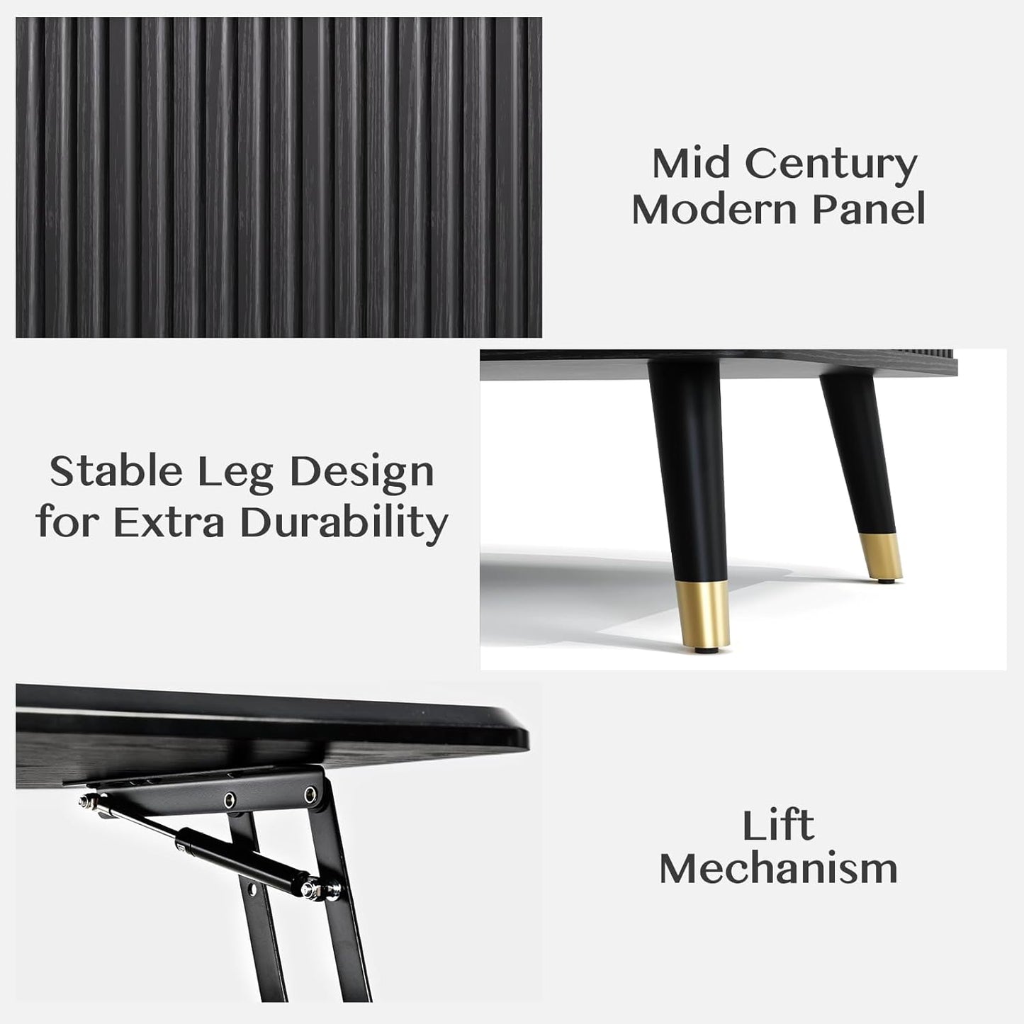 Lift Top Coffee Table with Storage Shelf & Hidden Compartment, Mid Century Modern Fluted Rectangle Dining Table for Living Room, Home Office,Black