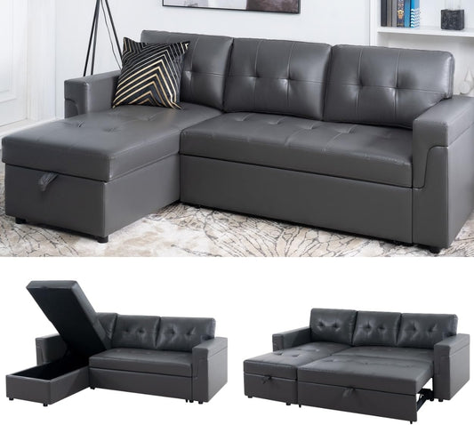 Naomi Home Transform Any Space: Sleeper Sectional Sofa with Convertible Sofa Bed & Inviting Chaise. Find Tranquil Comfort with Stress-Relieving Design & Durable Cushions - Dark Gray/Air Leather