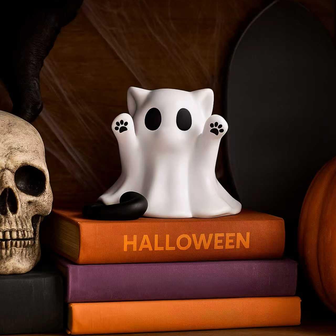 Halloween Ghost Figurine, Funny Spooky Resin Ghost Cat Statue, Cute Decor for Halloween Decorations Indoor, Porch and Indoor Spooky Home Decor Gifts