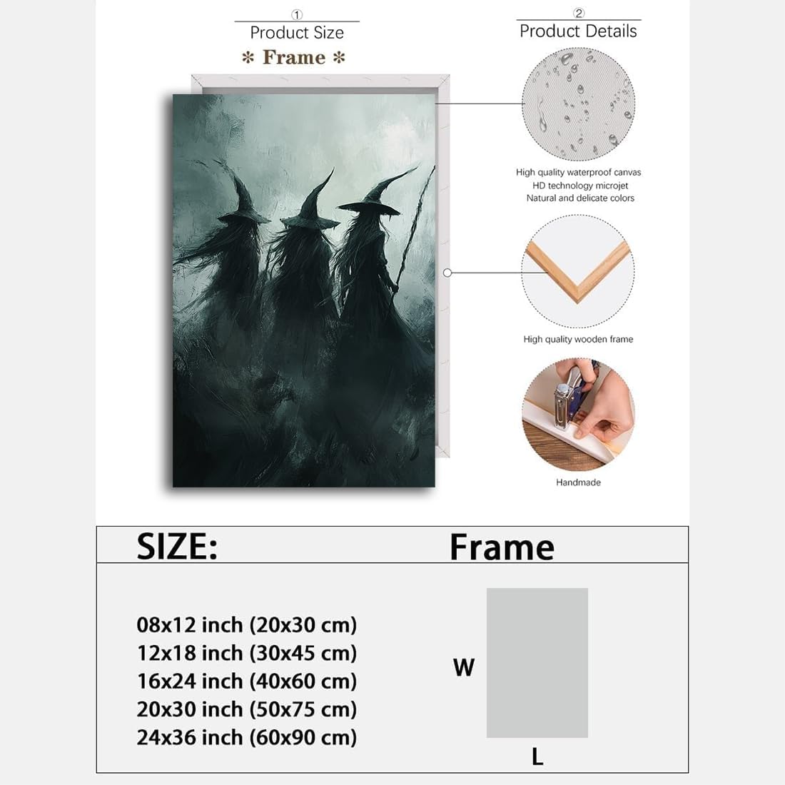 Gothic Witchs Horror Halloween Wall Art,Three Witches in Moody Forest Painting Wall Decor,Autumn Spooky Witches Forest Canvas Printing For Gallery Living Room Bedroom,16"x24" Framed