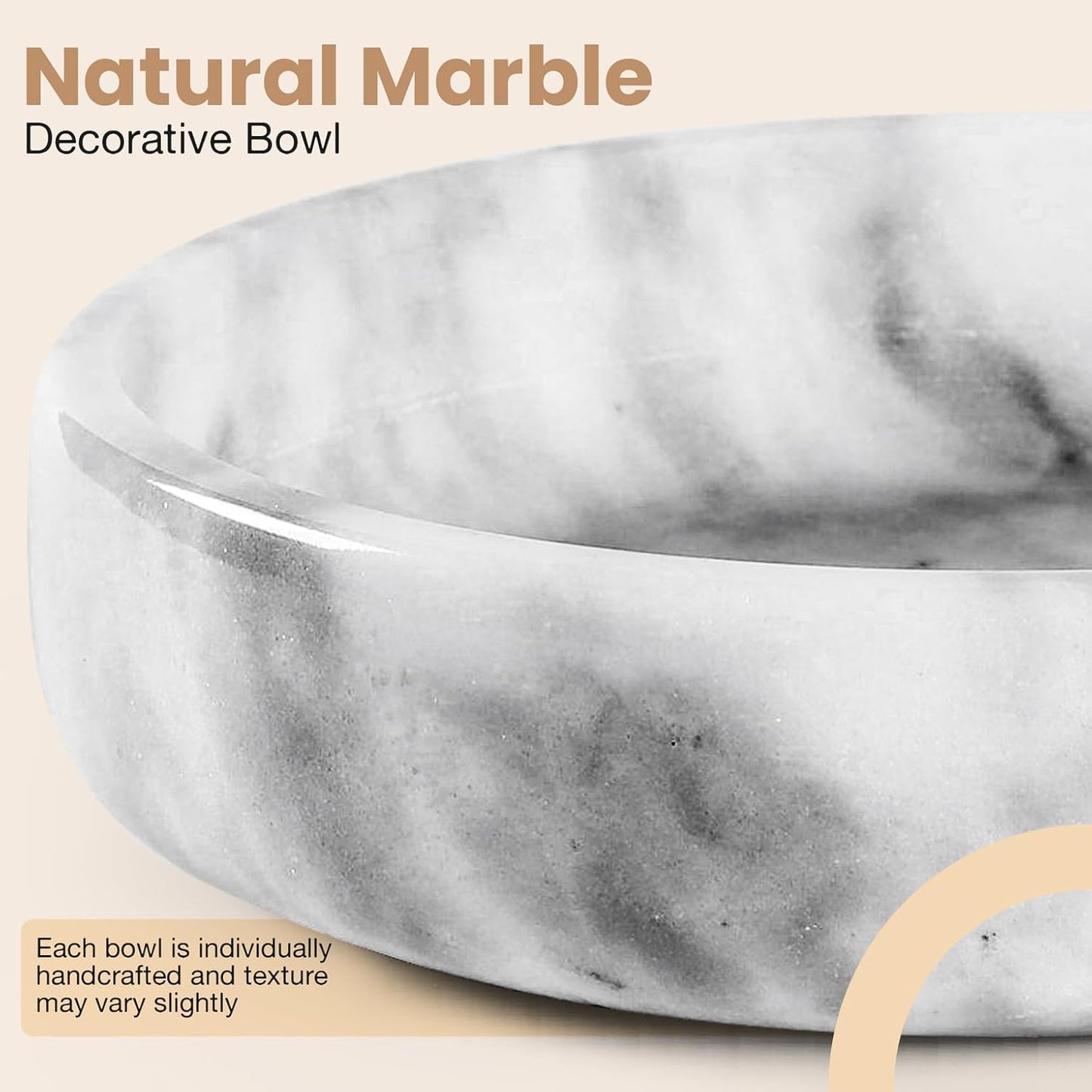 Marble Decorative Bowl - 7.5" White/Grey Solid Marble Centerpiece - Handmade Stone Fruit Bowl - Catch-All or Key Bowl for Kitchen - Modern Minimalist Decor