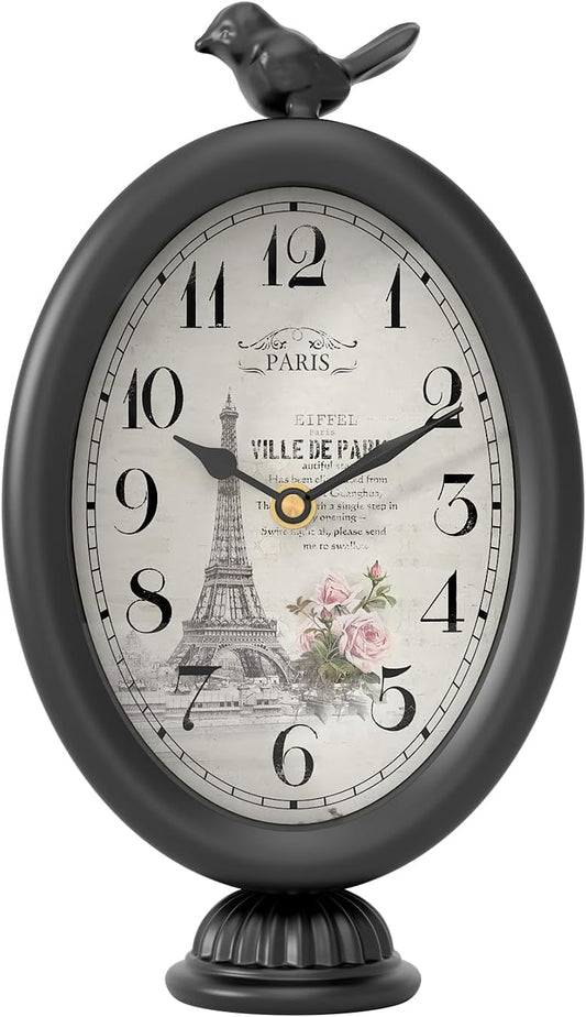 Vintage Table Clock with Bird, Desk and Shelf Decor Clock, French Paris Style, Antique Black Metal Mantel Clocks for Living Room, Farmhouse, Bedroom, Bedside, Gift (10" H x 5.9" W)