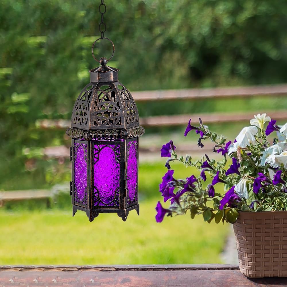 NEEDOMO Moroccan Candle Lantern, 12.8'' Hanging Lanterns Decorative Indoor Outdoor, Vintage Candle Holder for Chritsmas, Halloween, Table, Patio, Porch, Shelf, Gothic Home Decor (Purple)
