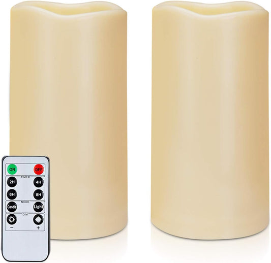 Amagic 3" x 6" Waterproof Outdoor Flameless Candles, Battery Operated Candles with Remote and Timer, Flickering LED Pillar Candle for Outside Patio Garden and Indoor Home Decor, Ivory, Set of 2