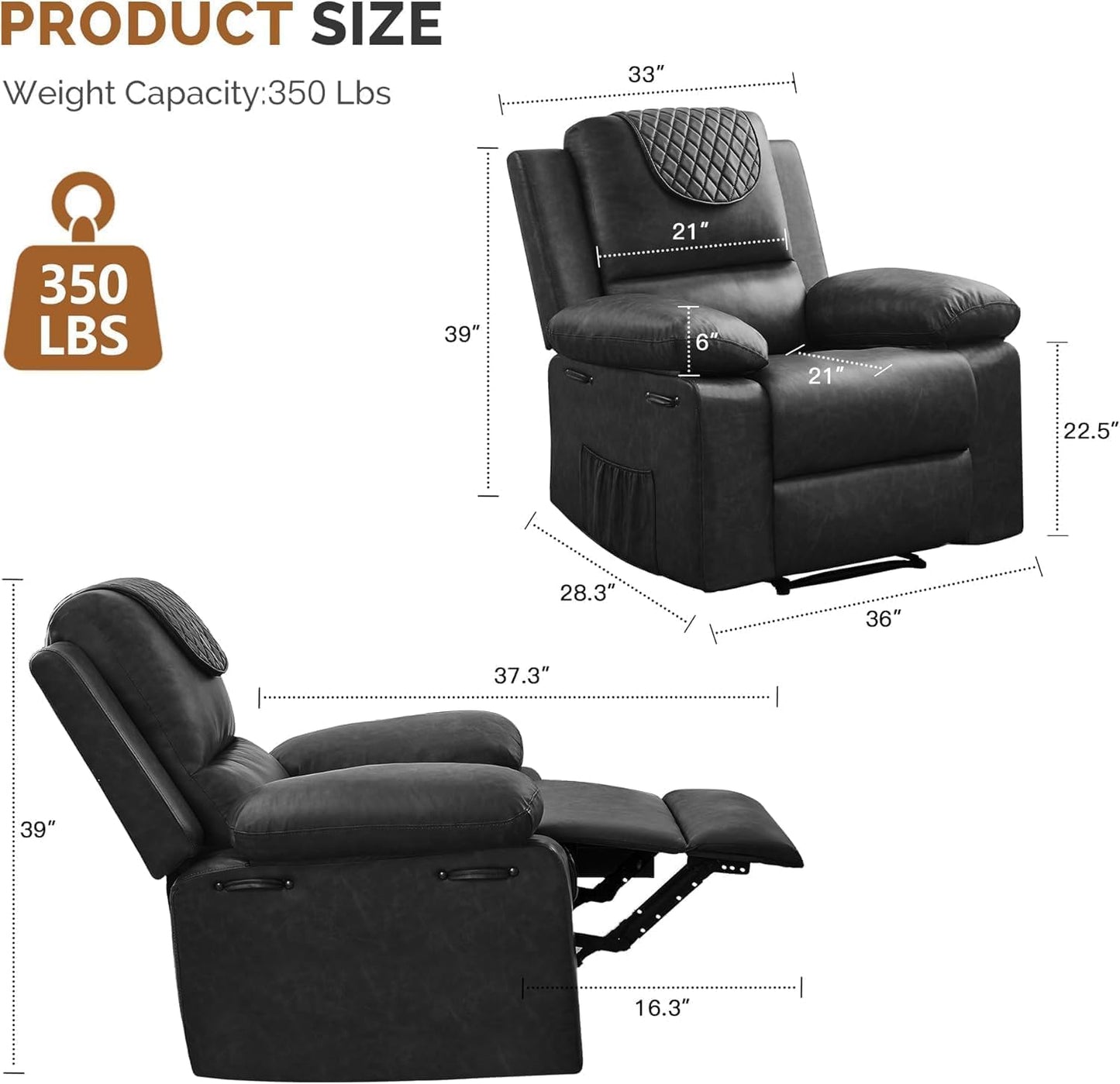 Recliner Chair with Electric Massage Adjustable Footrest & Heat, Manual Leather Recline for Adults Living Room Remote Control (Black)