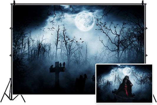 AOFOTO 15x10ft Moon Night Halloween Cemetery Photography Backdrop Flying Bats Birds Stand on Gravestone Cross Graveyard in Dark Forest Photo Background Cloth Vinyl Wallpaper Photo Studio Props