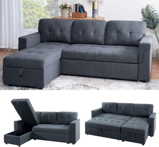Naomi Home Transform Any Space: Sleeper Sectional Sofa with Convertible Sofa Bed & Inviting Chaise. Find Tranquil Comfort with Stress-Relieving Design & Durable Cushions - Dark Gray/Velvet