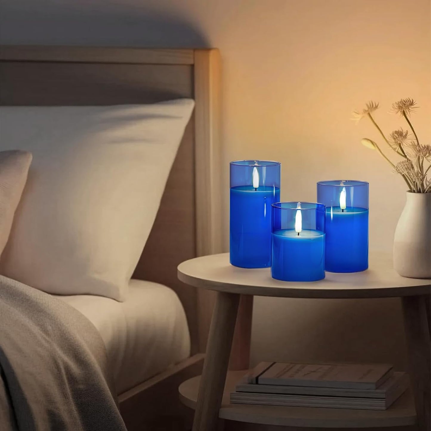 Amagic Blue Glass Flameless Candles with Remote, Battery Operated Candles, Real Wax LED Candles with Timer, Flickering Fake Pillar Candle for Theme Party, Hanukkah Holiday Decor, 3D Wick, Set of 3