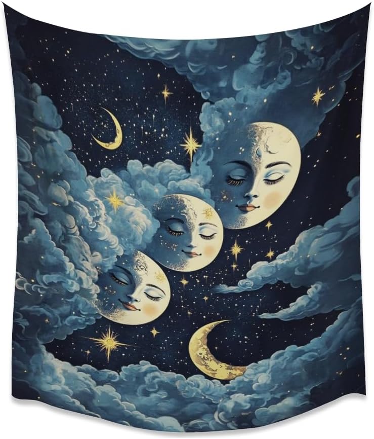 Blue Moon Faces Tapestry Celestial Wall Art Dark Academia Aesthetic Print Stars Clouds Tapestries Wall Hanging whimsical Gothic Home Decor for Bedroom Living Room 40x60inch