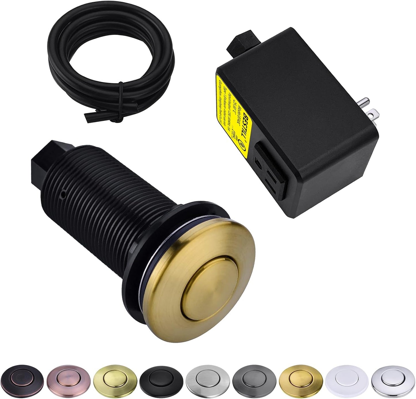 BESTILL Garbage Disposal Button, UL Listed, Cordless Sink Top Air Switch Kit for Waste Disposal, 3.6" Long Push Button with Brass Cover, Brushed Titanium Gold/Brushed Brass