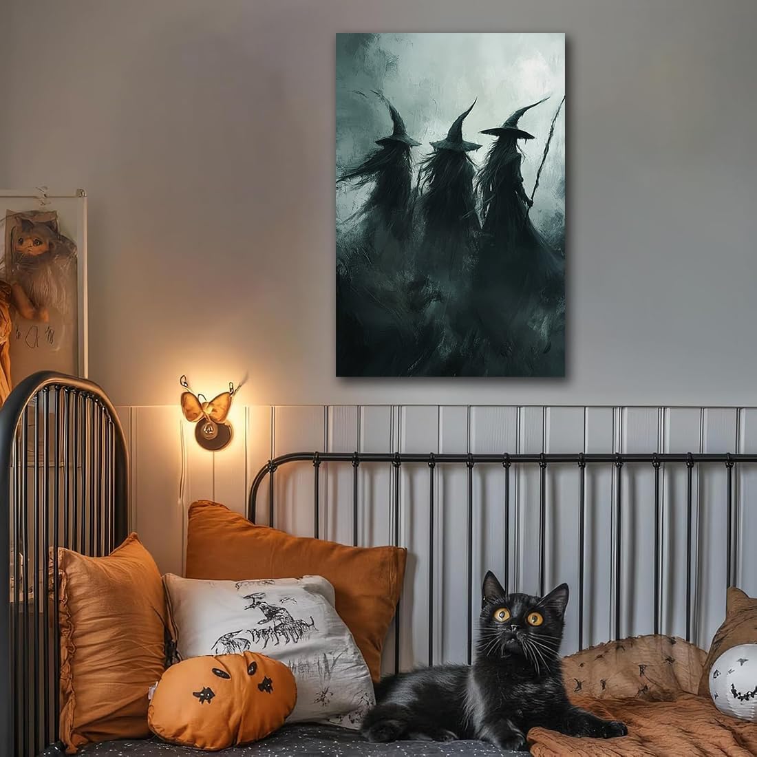 Gothic Witchs Horror Halloween Wall Art,Three Witches in Moody Forest Painting Wall Decor,Autumn Spooky Witches Forest Canvas Printing For Gallery Living Room Bedroom,20"x30" Unframed