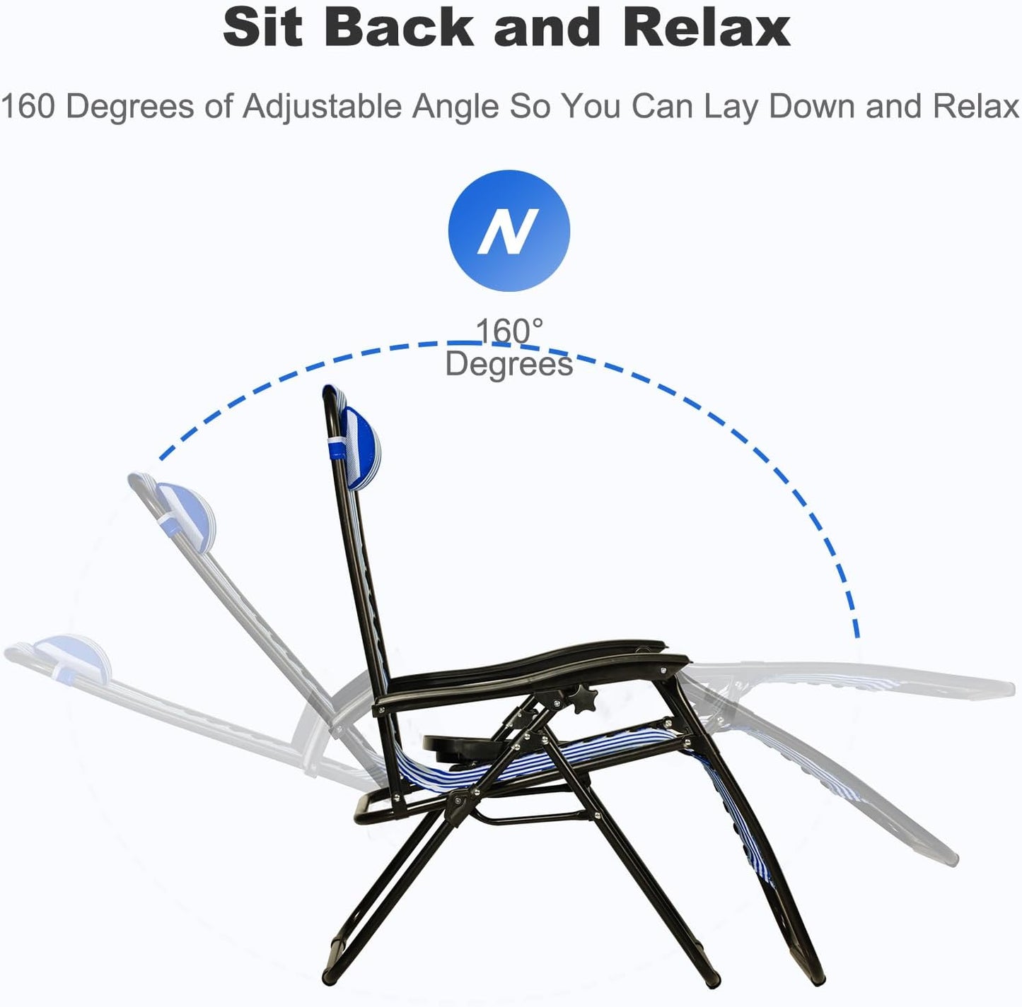 Nazhura Set of 2 Relaxing Recliners Patio Chairs Adjustable Steel Mesh Zero Gravity Lounge Chair Beach Chairs with Pillow and Cup Holder (Navy Blue Stripe)