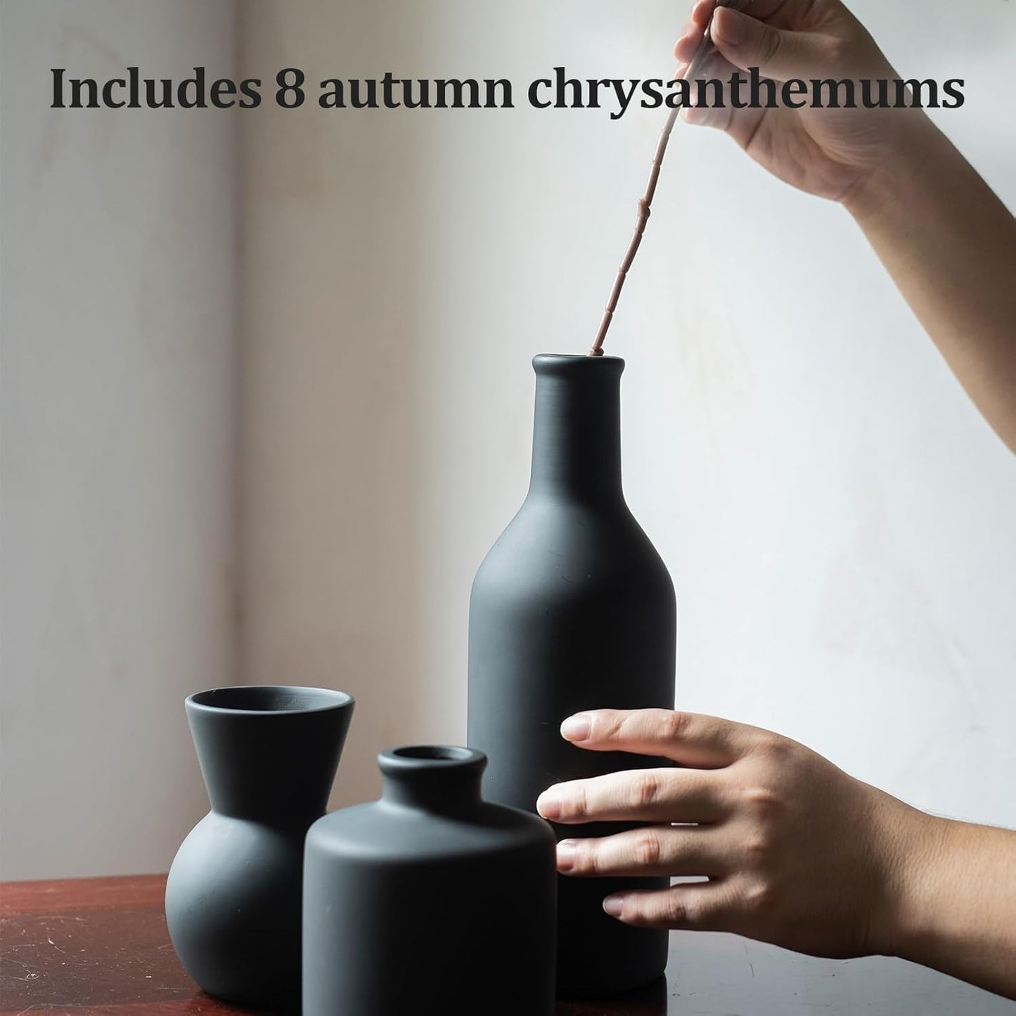 Fake Flowers in Vase for Centerpieces, Faux Flowers in Modern Ceramic Vase Set of 3 with 8 Artificial Autumn Chrysanthemums Home Decor