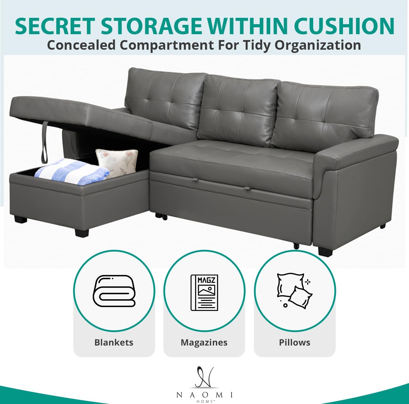 Naomi Home L-Shaped Reversible Sectional Sofa with Pull-Out Sleeper Bed and Storage Chaise, Gray Air Leather