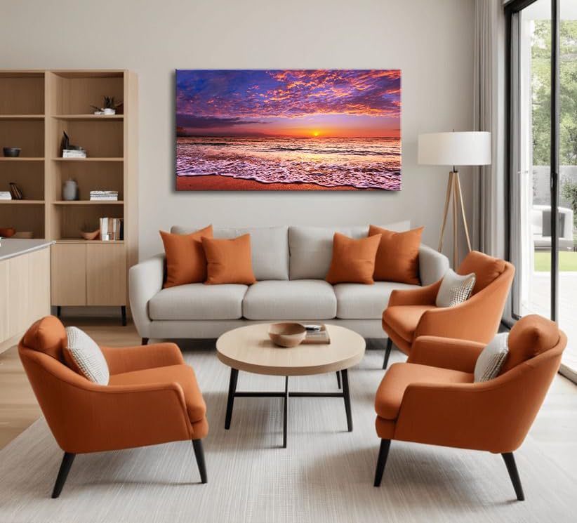 Beach Wall Art Sunset Canvas Pictures, Seascape Theme Art Wall Pictures, Coastal Ocean Wave Paintings,Modern Cloud Artwork for Bedroom Living Room Bathroom Home Office Decorations 20X40 Inches