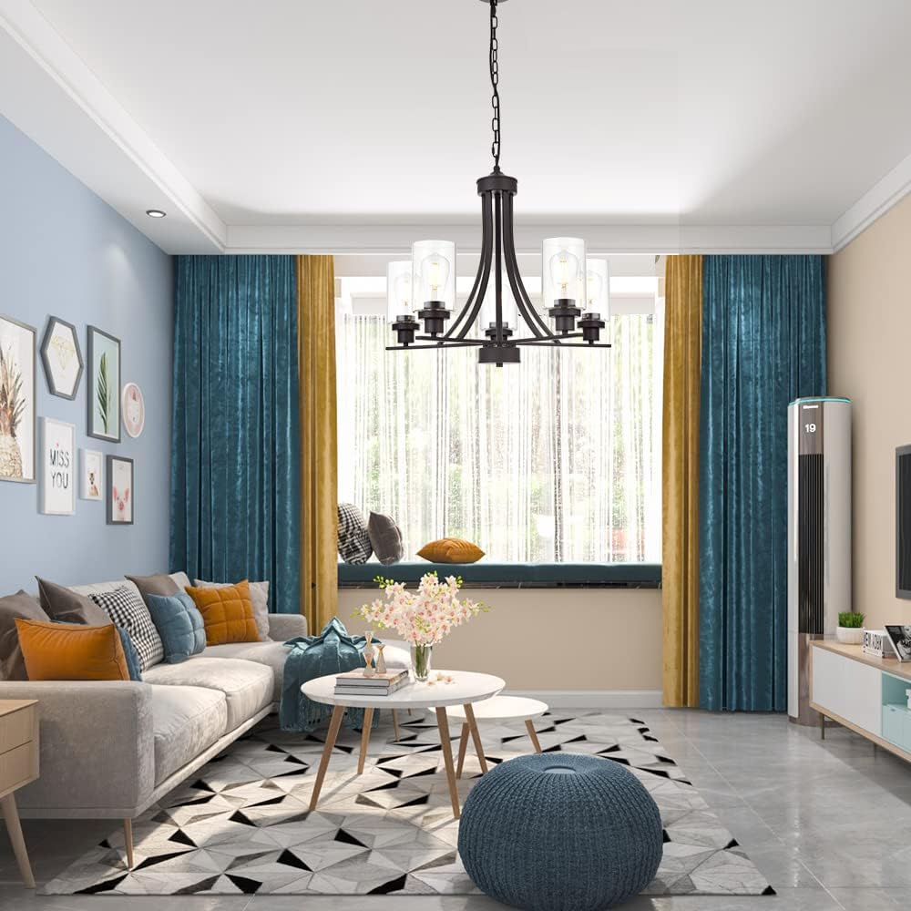 BONLICHT Rustic Kitchen Island 5-Light Oil-Rubbed Bronze Traditional Chandelier Industrial Vintage Pendant Lights Classic Glass Ceiling Lighting UL Listed