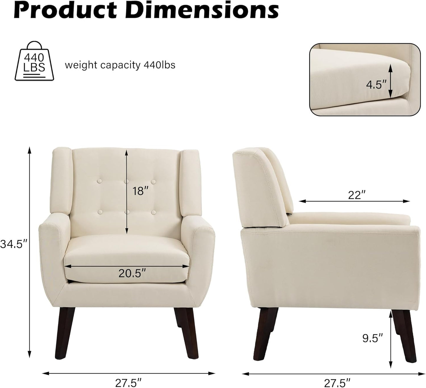 UIXE Accent Chair, Modern Upholstered Armchair in Fabric for Living Room, Comfy Club Arm Chairs Single Sofa Button Tufted Bedroom Reading Seat - White, Set of 1