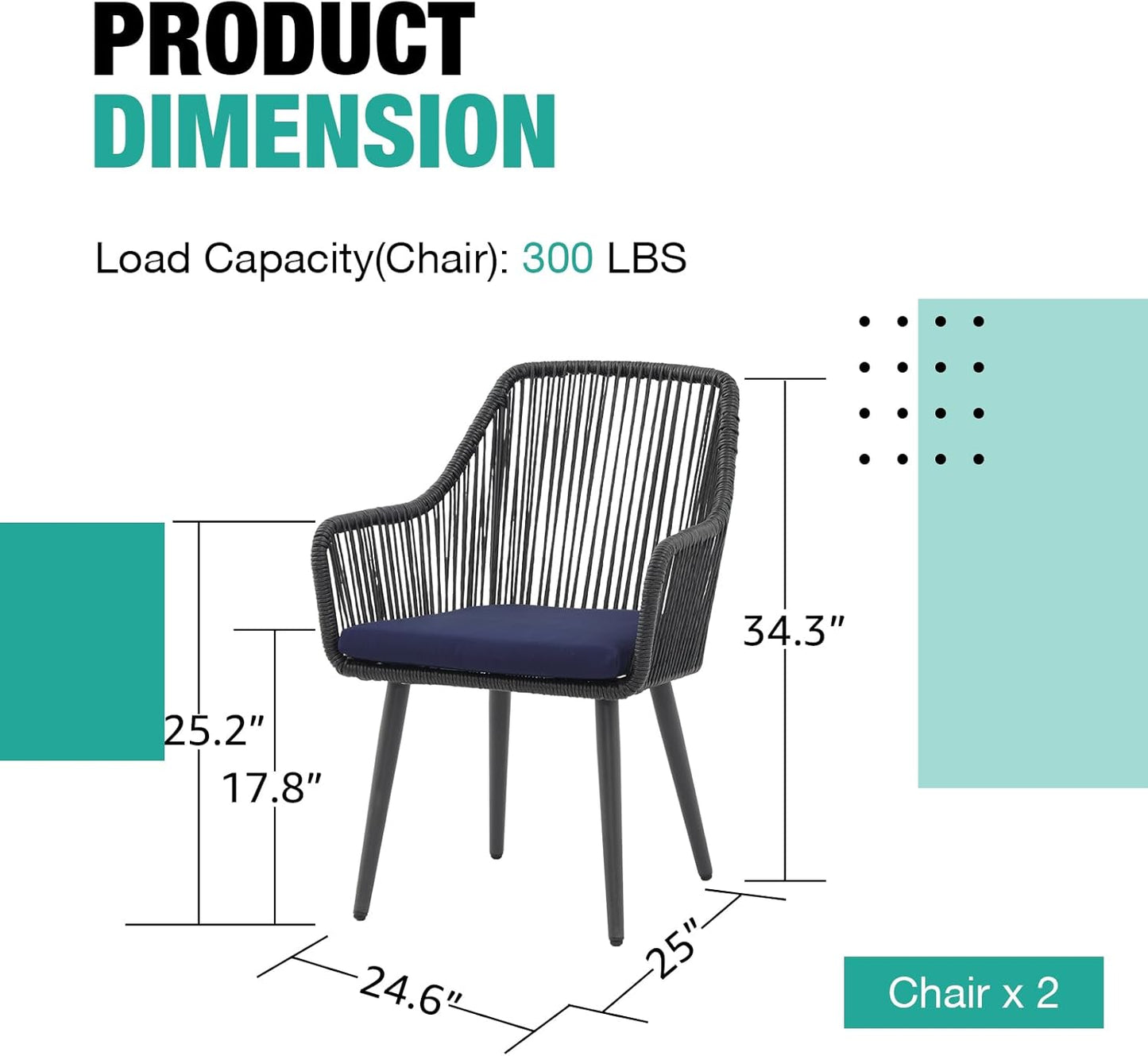 Patiorama Outdoor Dining Chairs, Patio Dining Chair Set of 2, All-Weather Woven Rope Rattan Chairs, Outdoor Dining Wicker Chair with Armrests for Indoor Balcony Pool Backyard(Blue)