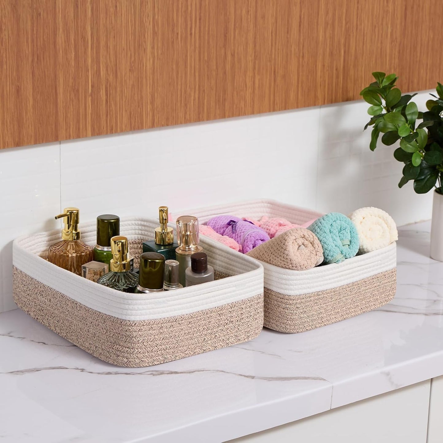 Large Shallow Organizing Baskets 15x11x5.1 Inches - Rope Woven Storage Bins for Bathroom, Shelves, Cube Closet, White Mixed Brown 2 Packs