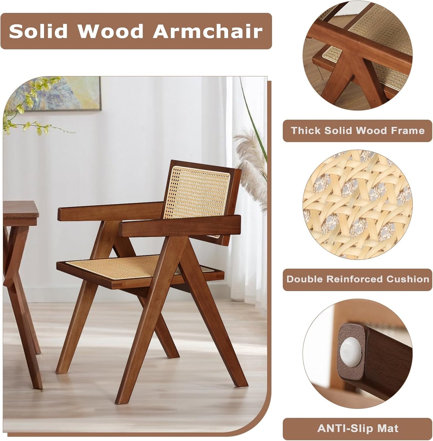 Rattan Accent Chairs Set of 2, Mid Century Modern Dining Armchairs With Cane Back, for Kitchen, Bedroom, Living Room, Reading Room, Outdoor - Walnut