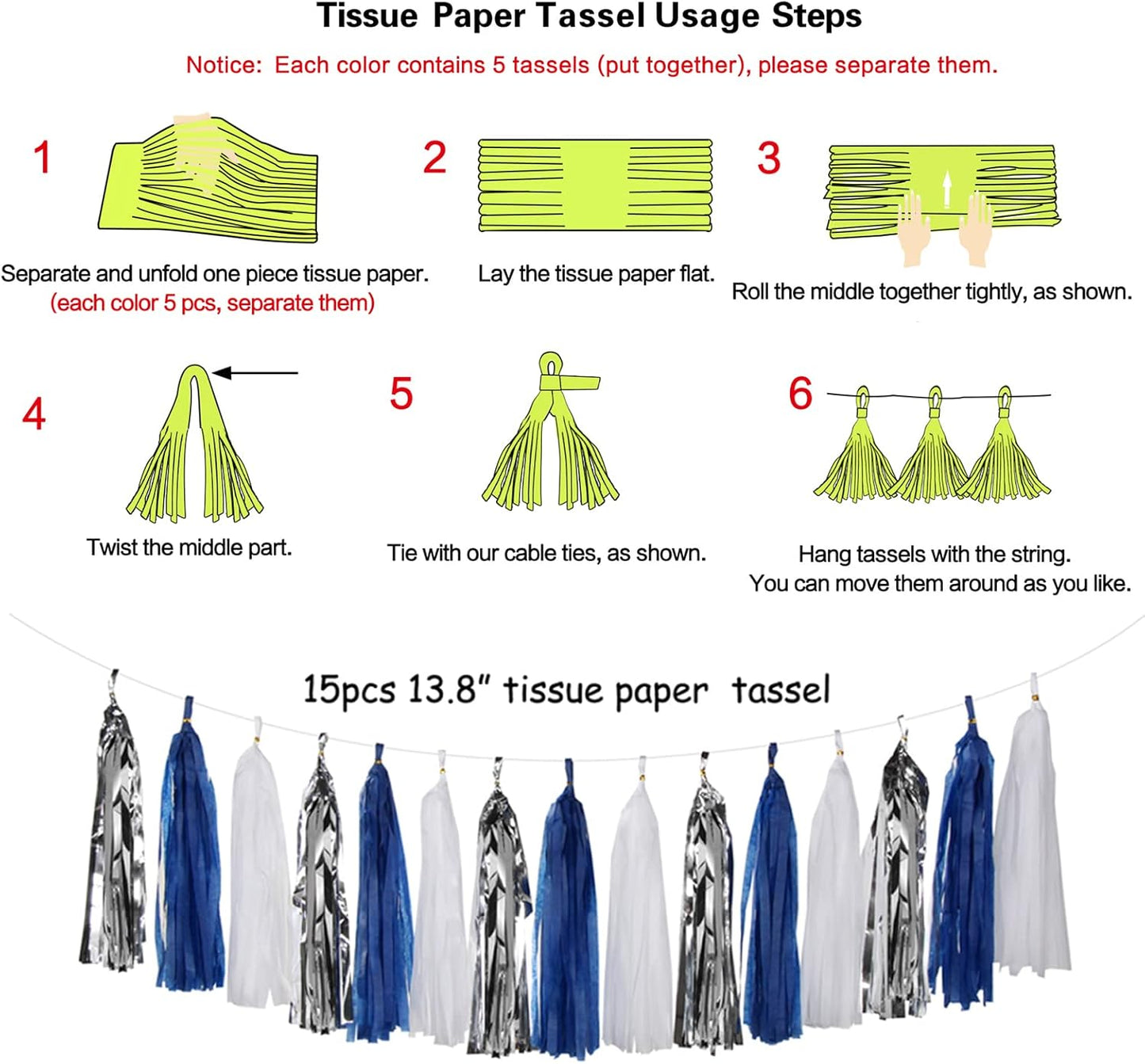 Navy-Blue White-Silver Tassel Garland Streamers - 15pcs Party Decorations Tissue Paper Tassels Banner,Graduation 2025 Wedding Baby Bridal Shower Hanging Decoration Boy Birthday Backdrop Decor Panduola