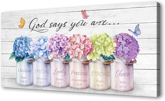 Cao Gen Decor ArtH43062 Inspirational Bible Verse Wall Art: God Says You Are Wall Sayings Flowers in Mason Jar Picture Print Christian Gift Quotes Poster for Women Girl Bedroom Home Decor Artwork