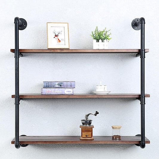 Industrial Pipe Shelving Wall Mounted,36in Rustic Metal Floating Shelves,Steampunk Real Wood Book Shelves,Wall Shelf Unit Bookshelf Hanging Wall Shelves,Farmhouse Kitchen Bar Shelving(3 Tier)