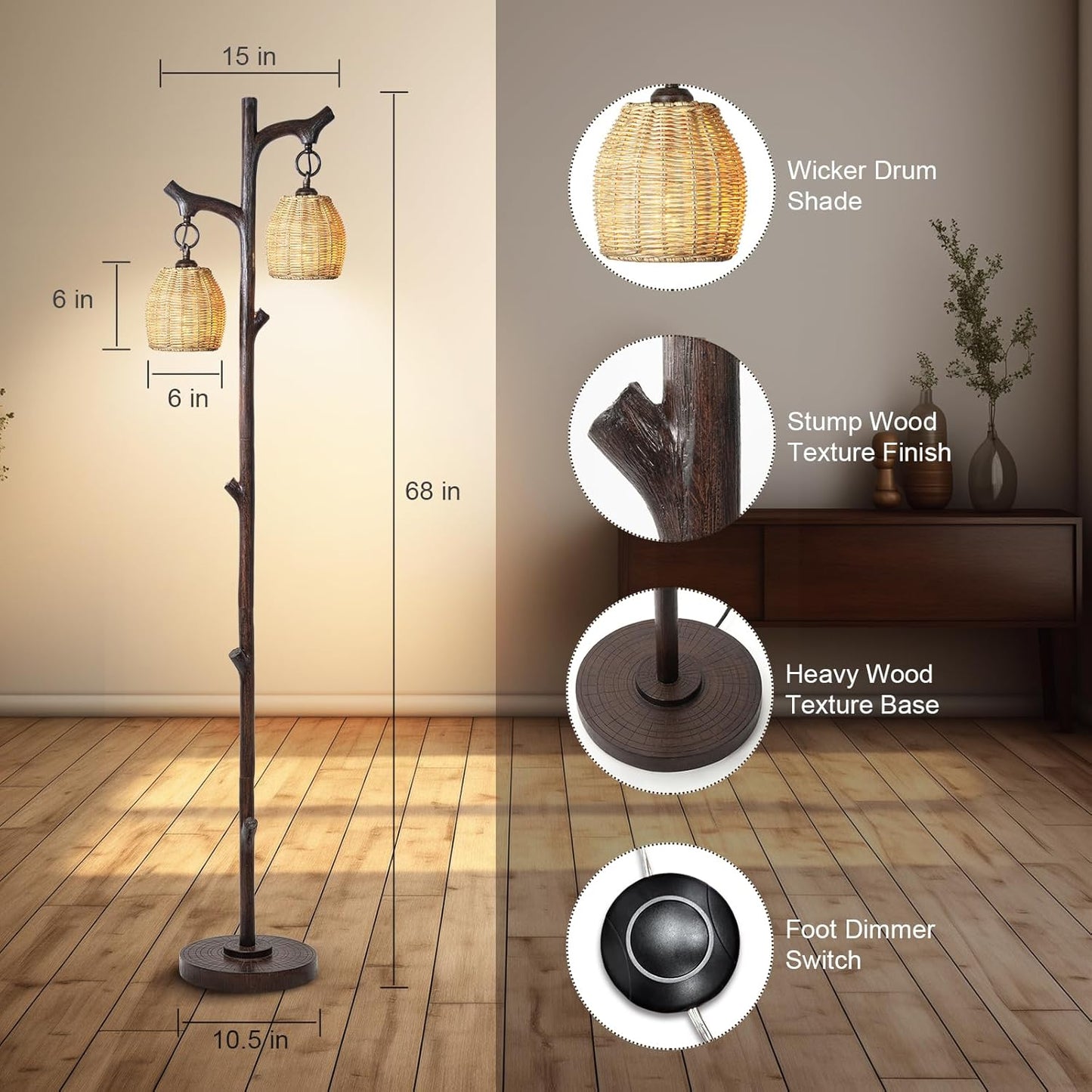 68" High Farmhouse Rustic Country Cottage Floor Lamp Tree Trunk Faux Wood Column Dark Bronze Wicker Drum Shade Decor for Living Room Bedroom Reading Room