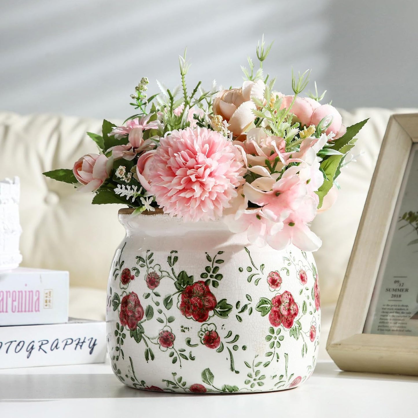 1 Pcs Vintage Planter Large Ceramic Plants Pot Red Plum Crack Cottage Scroll Vase Flower Vase Pot Indoor Plants Home Kitchen Decor Farmhouse Antique Decorative Gift