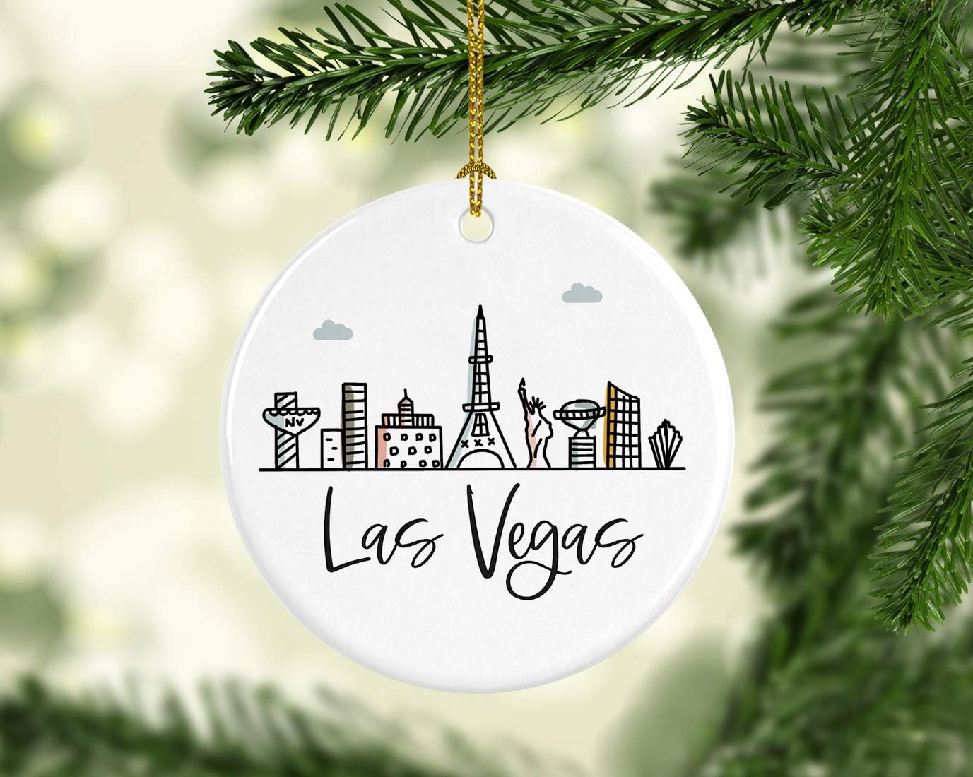 Andaz Press Round Ceramic Porcelain Christmas Tree Ornament Keepsake Gift, Las Vegas, Colorful City Skyline Graphic, 1-Pack, Birthday Gift Ideas Family Coworker Him Her, Includes Box