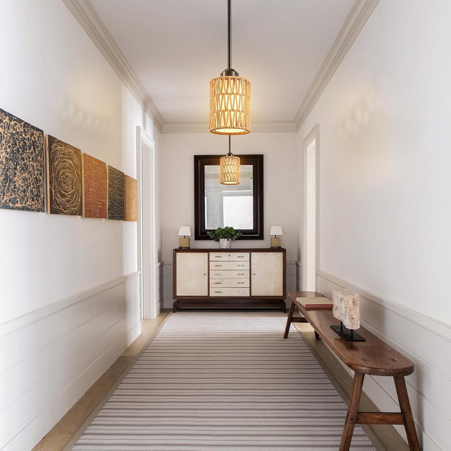 Pendant Light Boho Hanging Lamp, Rattan Hanging Lights with 2 in 1 Linen & Woven Shade, Ceiling Light Fixtures for Kitchen Island, Dining Room, Farmhouse, Bedroom (1 Pack)