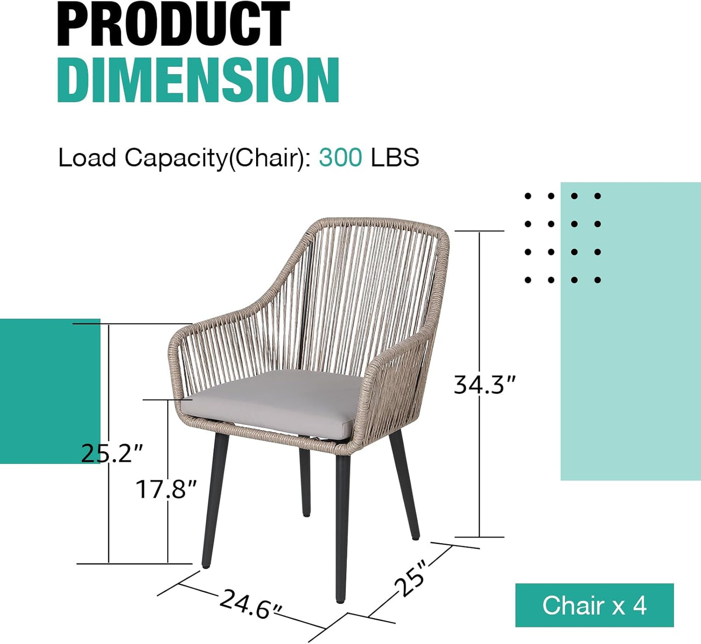 Patiorama Outdoor Dining Chairs, Patio Dining Chair Set of 4, All-Weather Woven Rope Rattan Chairs, Outdoor Dining Wicker Chairs with Armrests for Indoor Balcony Pool Backyard(Tan)