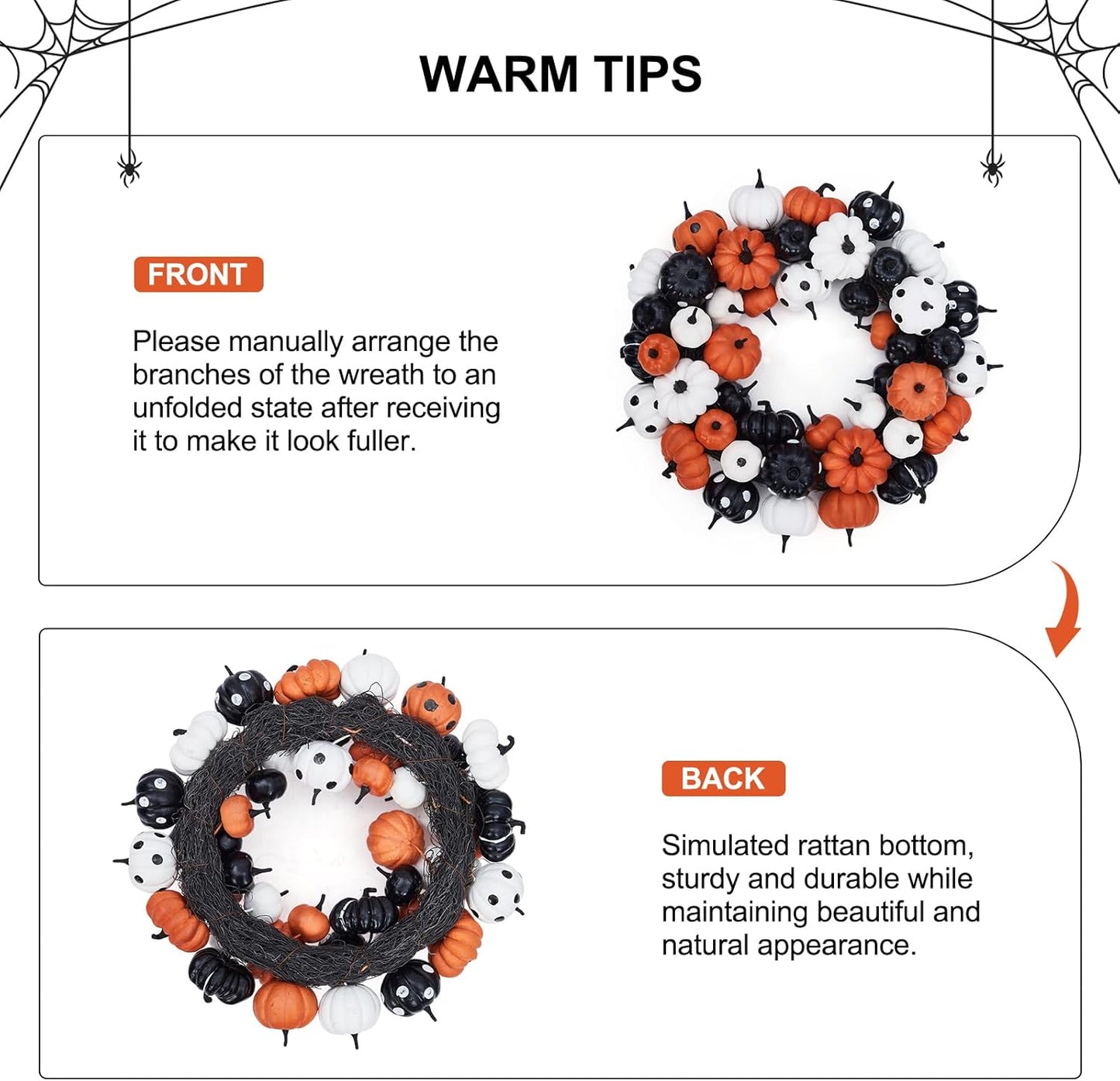 GarveeHome Halloween Pumpkin Wreath for Front Door, 18 Inch Fall Farmhouse Wreath with Orange, Black and White Pumpkins, Rattan Bottom Halloween Indoor Outdoor Home Party Decor