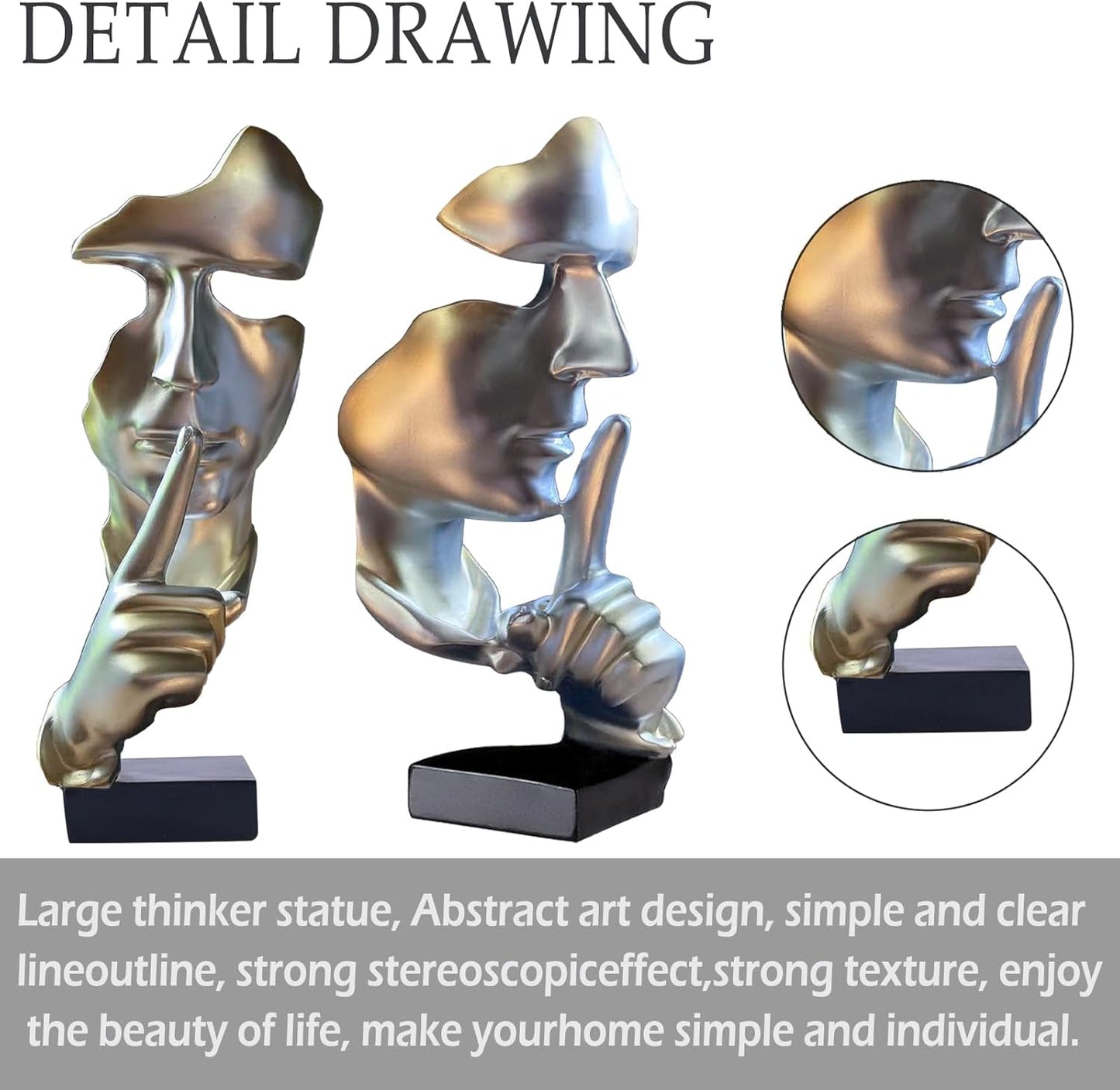 aboxoo Abstract Statues Silence is Gold Decorative Objects,Modern and Simple Resin Figurine,Desk Decoration for Office Home Piano Deco(Large Silver)