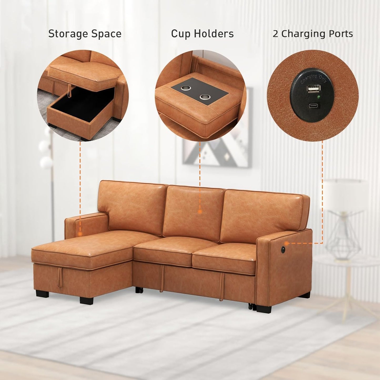 EBELLO Convertible Sleeper Sofa 3 in 1, Faux Leather Modern L-Shaped Couches for Living Room, Pull Out Sectional Futon Sofa Bed with Storage Space, USB Ports and Cup Holders for Bedroom, Brown