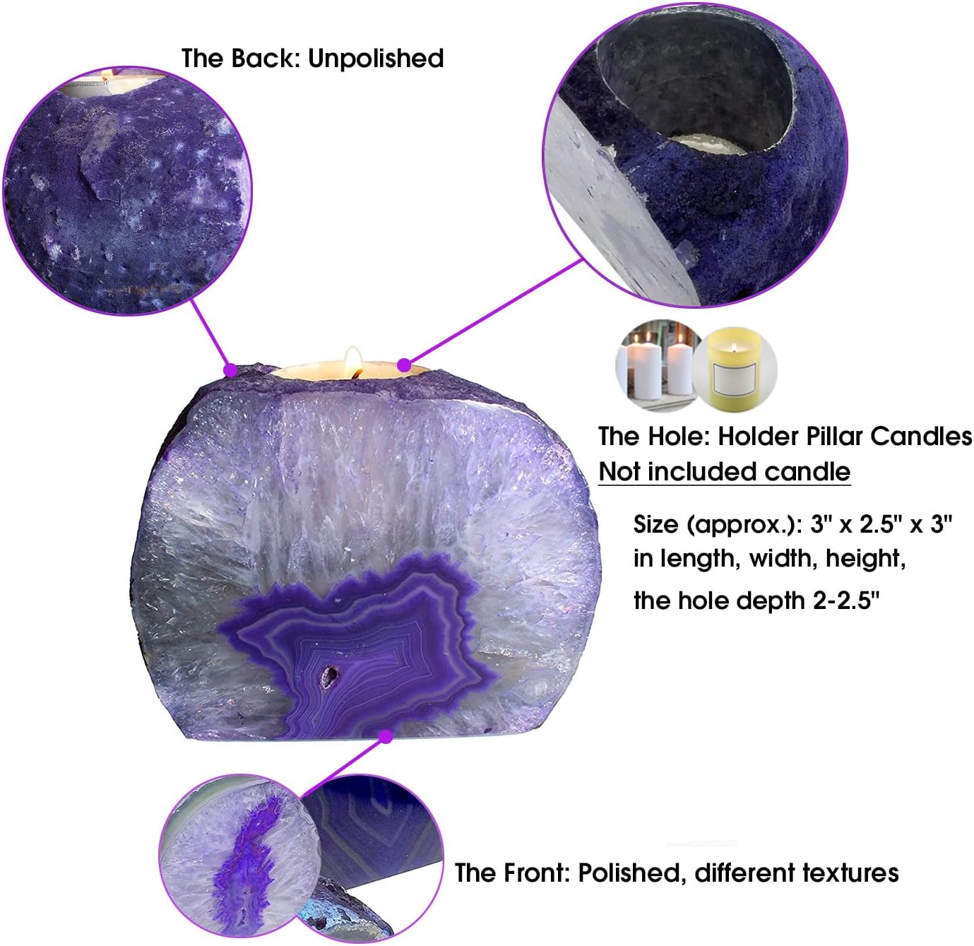 AMOYSTONE Purple Agate Rock Stone Candle Stand Cut Base 1.5-2.5 Lbs for Home Décor