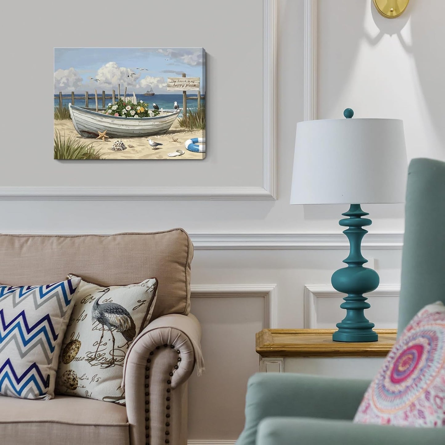 amatop Coastal Wall Art– Beach Scene Picture with Boat on Sandy Shore, Flowers and Sea Birds, Blue Ocean Seascape Themed Canvas Print Nautical Artwork for Bathroom and Bedroom Decor, Small 16x12 Inch
