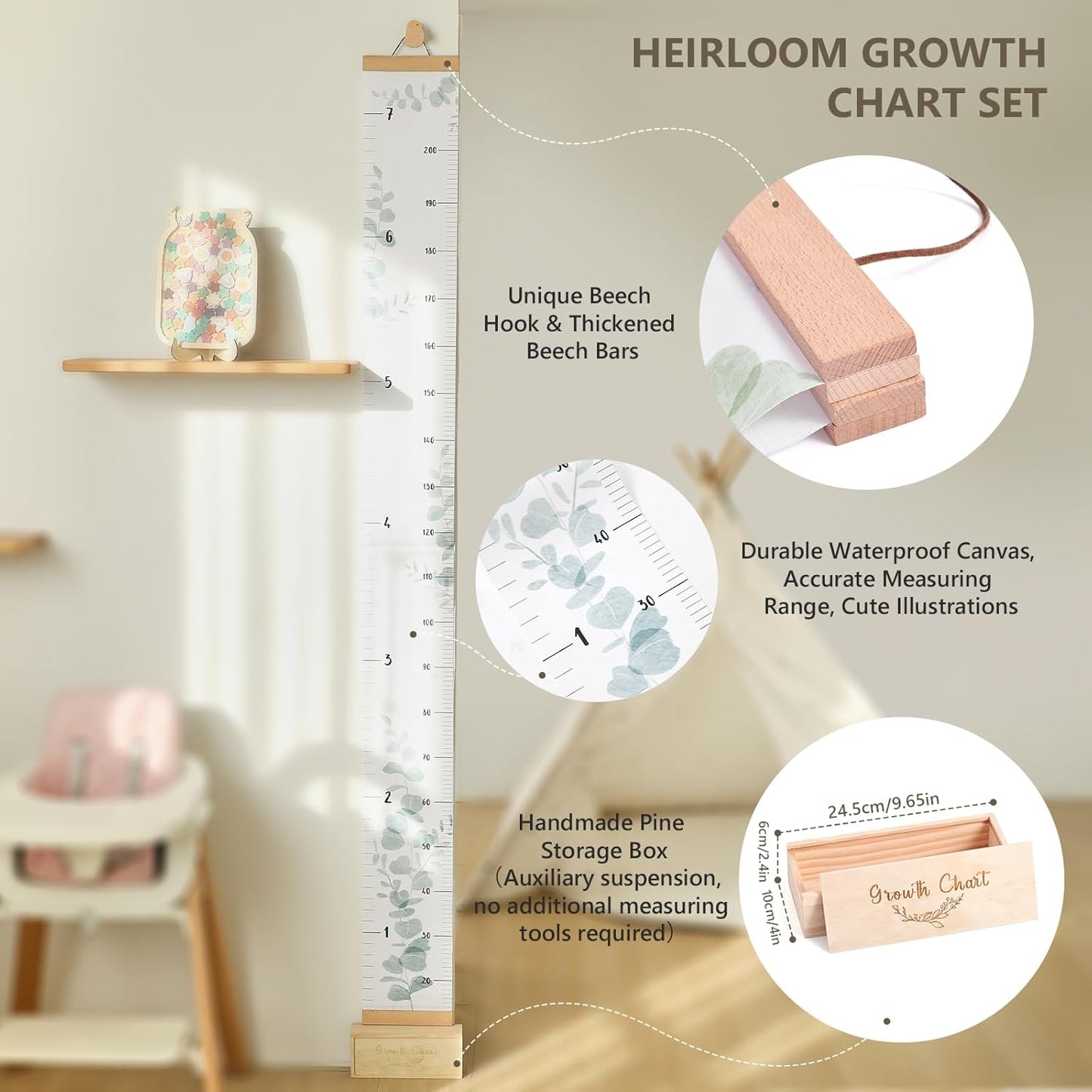 Growth Chart for Wall 7 Ft Height Chart with Keepsake Box & Hook Waterproof Canvas Measure Wall Ruler Removable Neutral Nursery Wall Decor for Baby Kids Toddlers