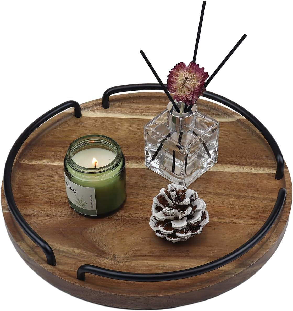 Round Wooden Serving Tray - Rustic Style Decorative Tray for Coffee Table, Living Room, Vanity - Acacia Wood Tray with Handles - Housewarming Gift - 12 Inches (Diameter)