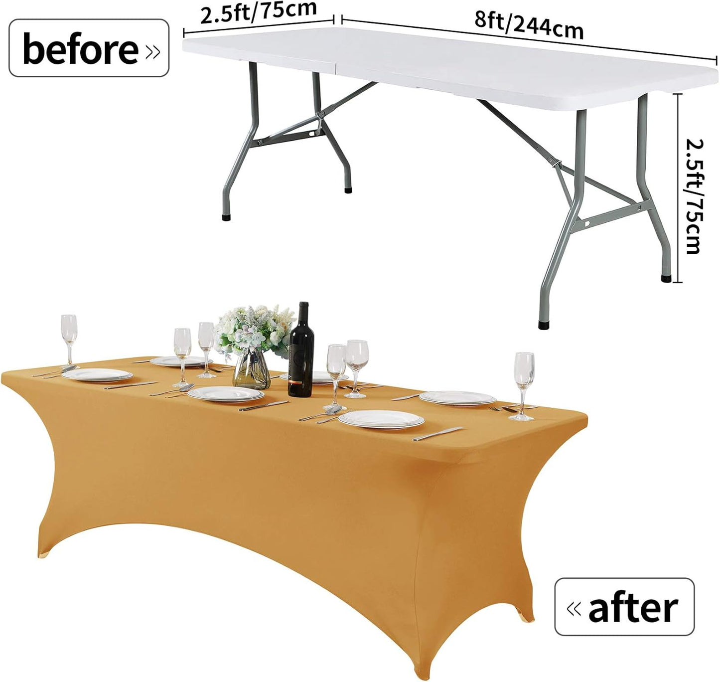 2Pack Spandex Table Cover for 8FT or 4ft or 6ft Table Universal Fitted Stretch Tablecloth for Party, Banquet, Wedding and Events-Gold
