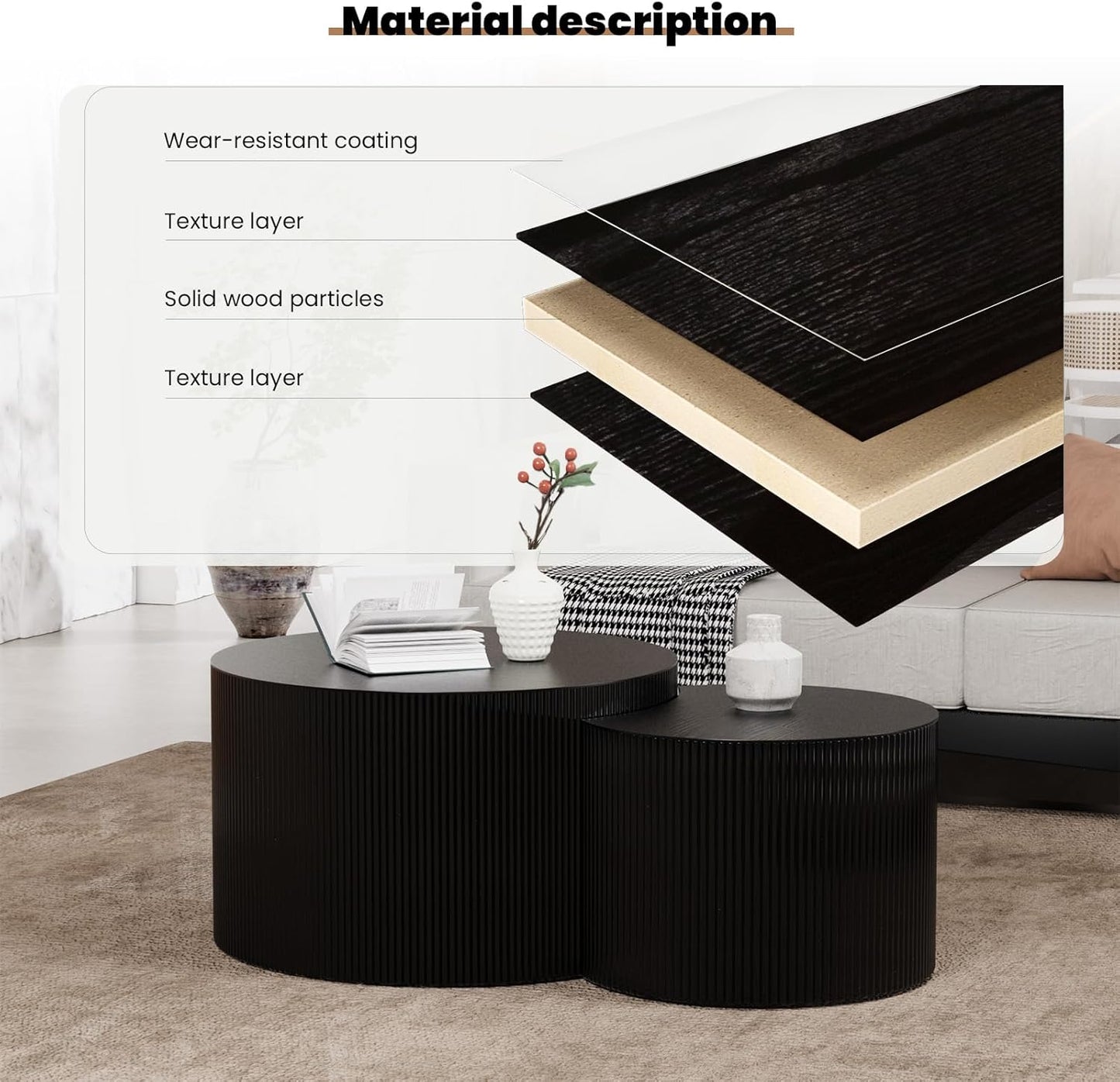 Round Nesting Coffee Table, Drum Wood Coffee Table Set of 2 Black, Modern Fluted Nesting Tables Circle Center Table 2 Piece for Small Spaces Living Room Bedroom Balcony Office, No Assembling