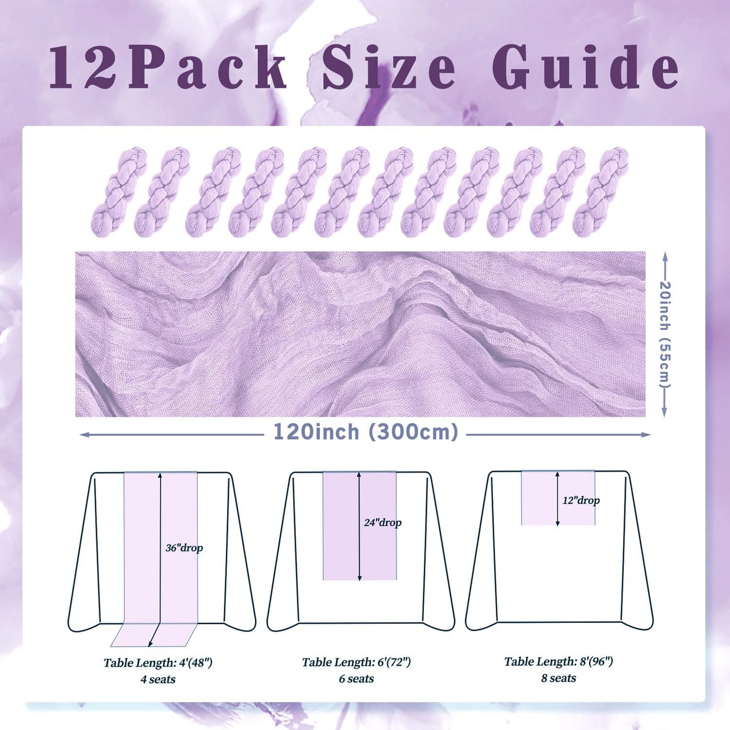 12 Pack Lilac Cheesecloth Table Runner 10FT Rustic Gauze Cheese Cloth Table Runner for Wedding 20 x 120 Inch Long Bridal Baby Shower Table Decor Boho Fabric Sheer Birthday Party Table Decorations