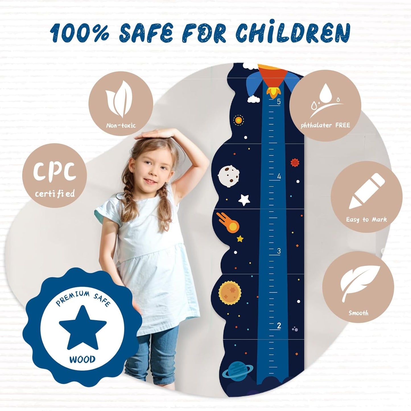 Personalized Name Growth Chart for Wall, Rocket Wood Height Chart for Kids, Height Measurement for Wall, Boy Girls Height Wall Chart Growth Measuring Ruler, Toddler Playroom Decor