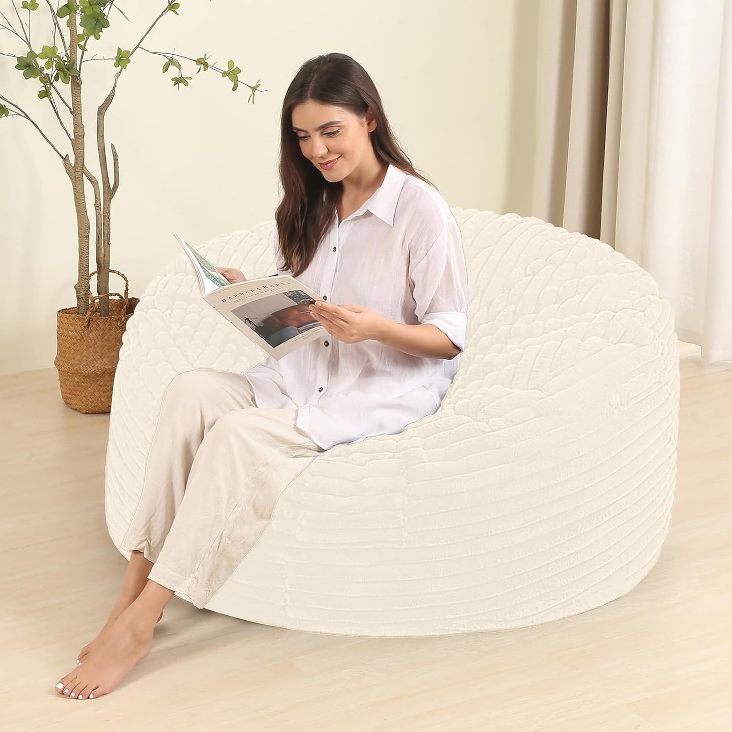 Memory Foam Bean Bag Chair for Adults/Teens, Bean Bag Sofa with Fluffy Removable Cover, for Living Room Bedroom, 4FT White
