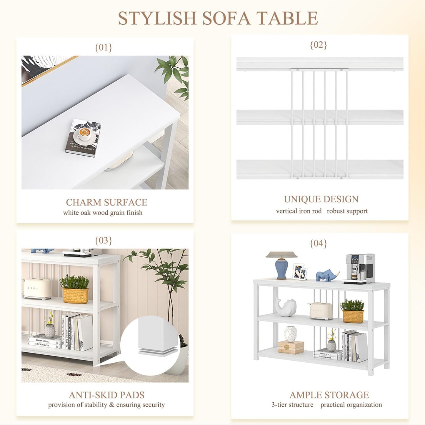 FOLUBAN Modern Sofa Console Table for Entryway, 3 Tier Wood Foyer Table for Hallway Living Room Behind Couch, White Oak