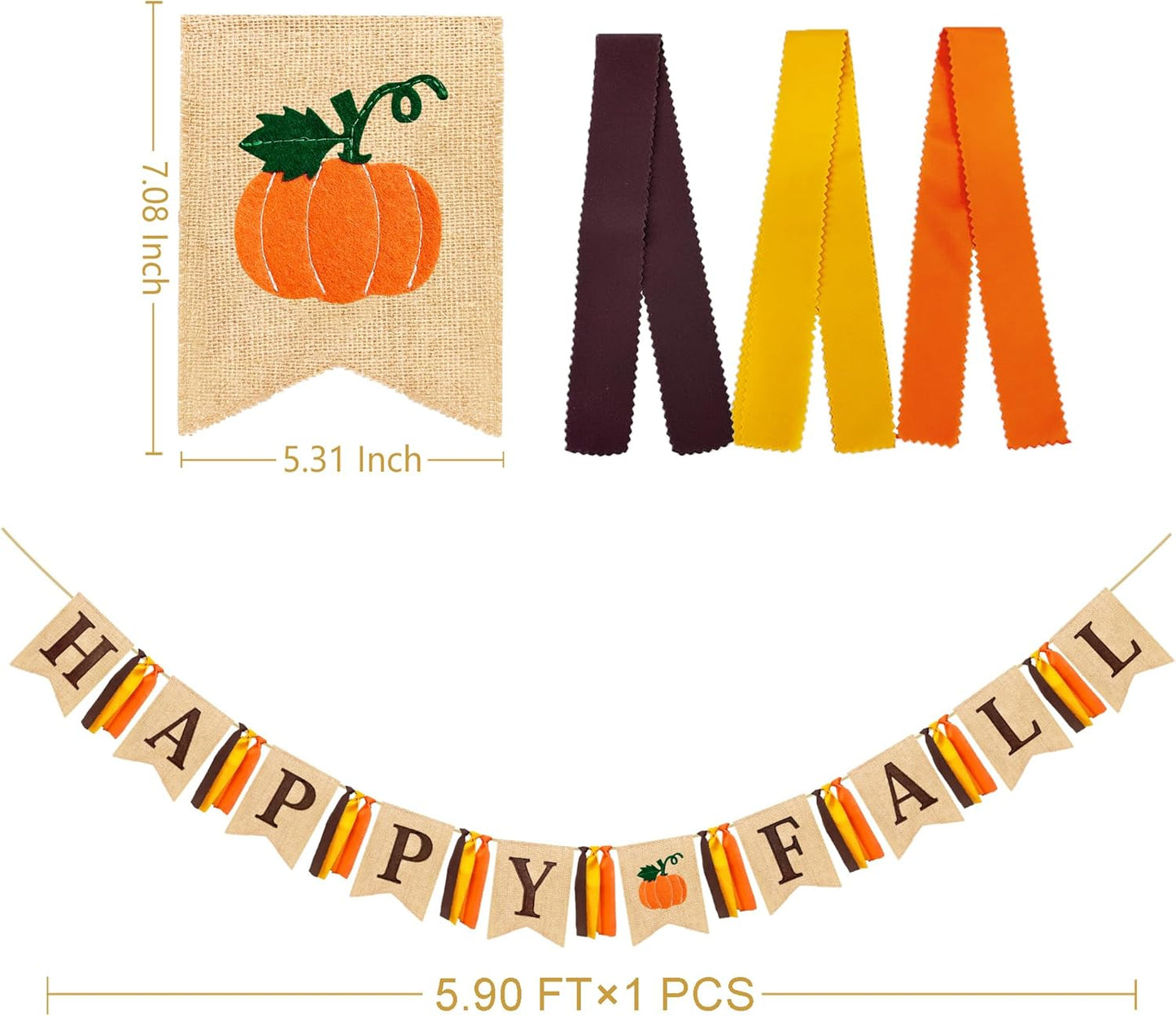 Happy Fall Pumpkin Burlap Pennant Banner Flag Felt Happy Fall Sign and Pumpkin Pattern with Fall Color Ribbon for Fall Autumn Harvest Thanksgiving Day Birthday Baby Shower Party Decorations Supplies