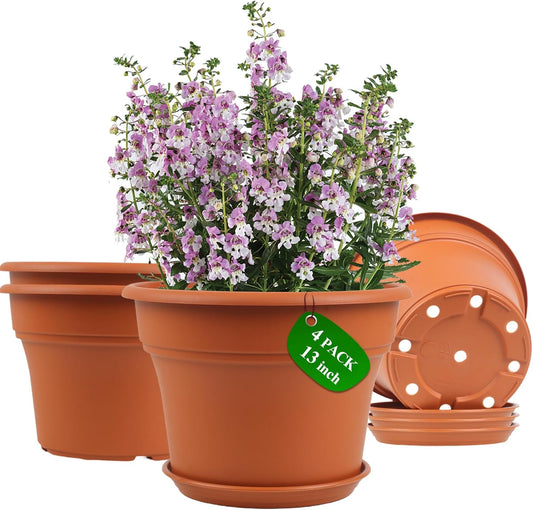 13 Inch Plastic-Flower-Pot-for-Indoor-Plants, 4 Pack Large Outdoor Planter Pot with Drainage Holes & Saucers, Resin Decorative Garden Pots Planters