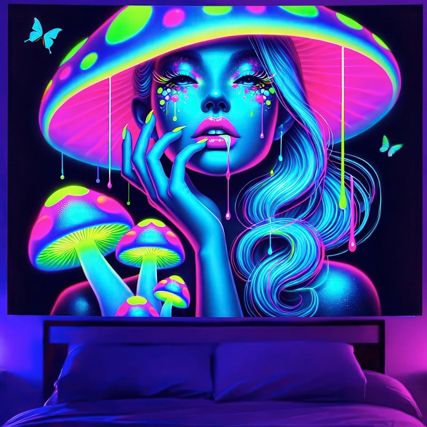 BlissYard UV Reactive Tapestry Psychedelic Mushroom Goddess Wall Fantasy Neon Mushroom Tapestry Glow In The Dark Tapestry Backdrop Wall Hanging for Bedroom Dorm Decor Bedroom 59 X 78 inches