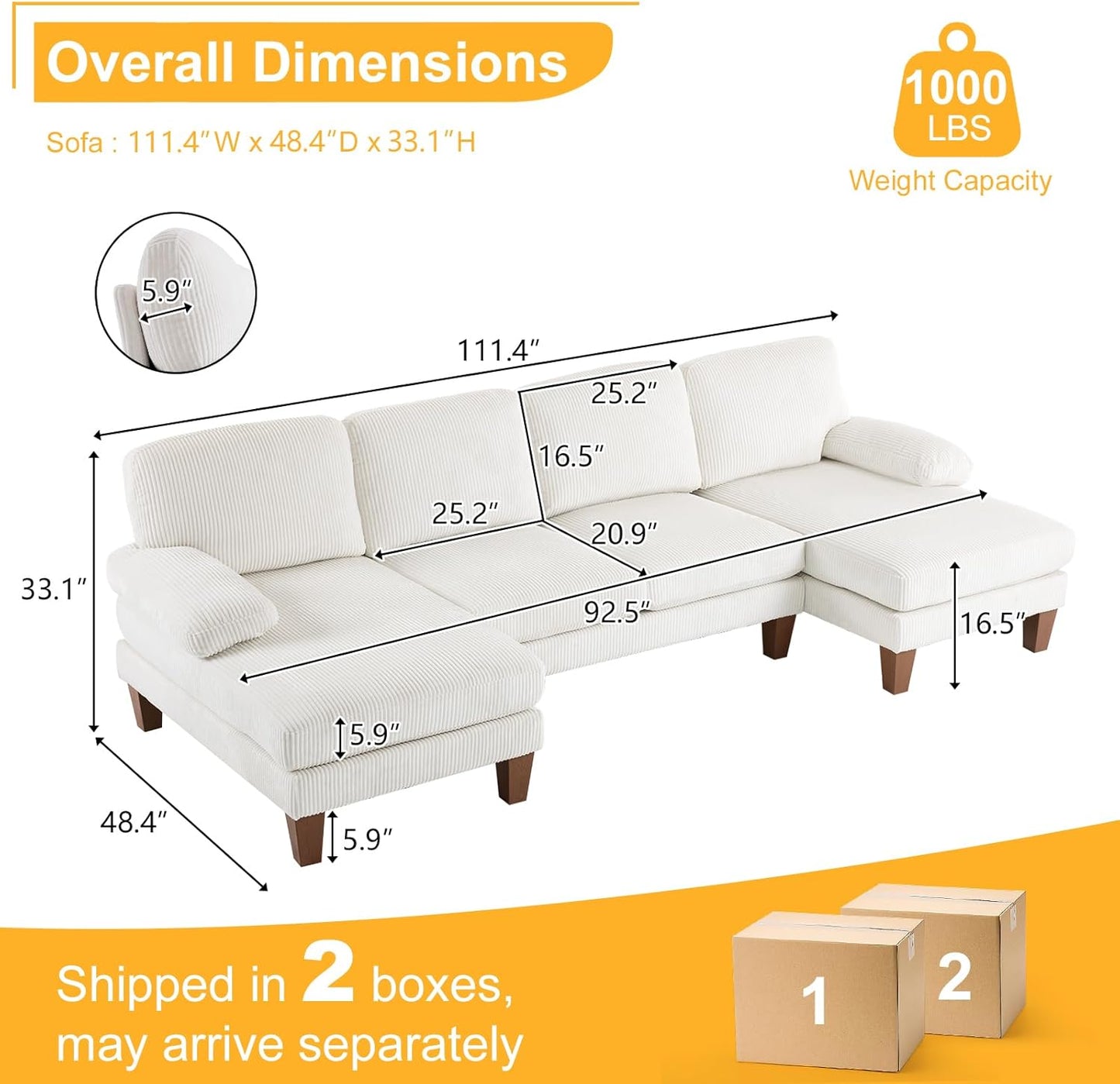 Karl home U-Shape Sectional Sofa Couch 111" Modern 4-Seat Sofa with Chaises Corduroy Fabric Upholstered Covertible Couch with Wood Grain Legs for Living Room, Reception Room, Apartment, Beige