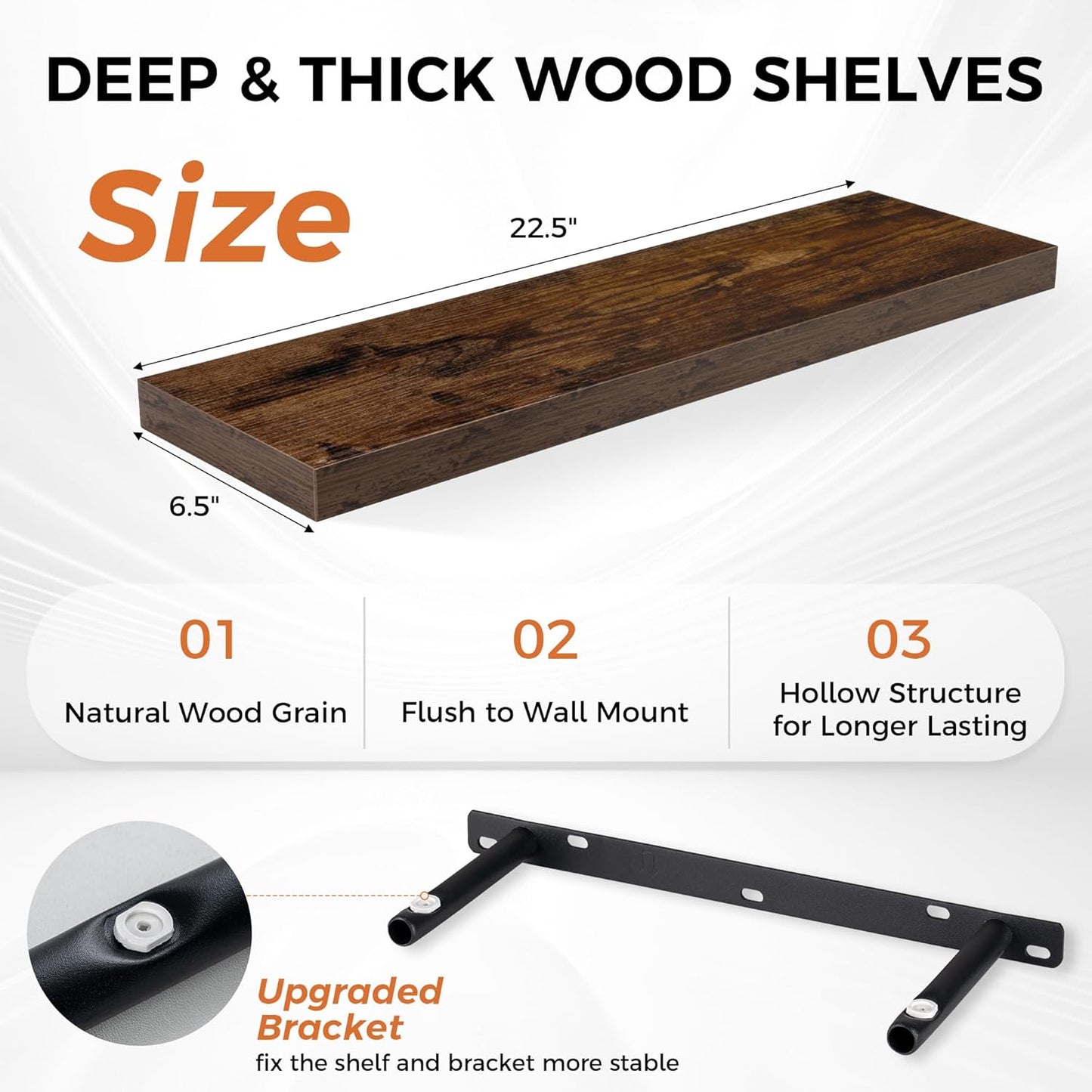 Fun Memories Floating Shelves for Wall, 22.5" Rustic Wood Deep Wall Mounted Shelves with Invisible Brackets for Decor & Storage, Floating Shelf for Living Room, Bathroom (Rustic Brown, Set of 2)